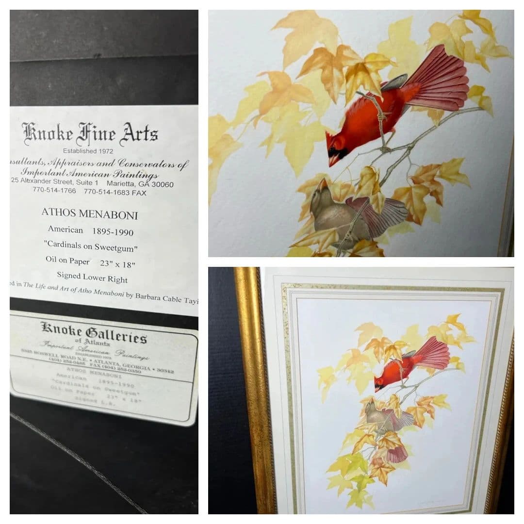 Single-Lot Fine Art Auction: Athos Menaboni Original "Cardinals on Sweetgum" Oil on Paper Dacula photo 1