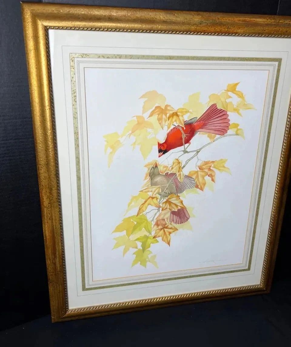 Single-Lot Fine Art Auction: Athos Menaboni Original "Cardinals on Sweetgum" Oil on Paper Dacula photo 2